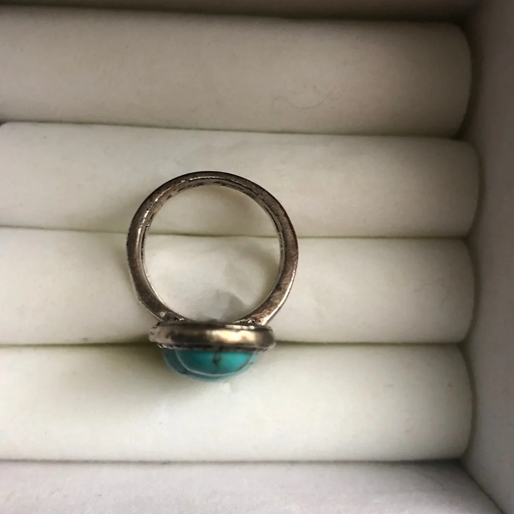 Vintage Lucky You-7 Silver Tone Ring with Three Turquoise Round Stones Size 6.5